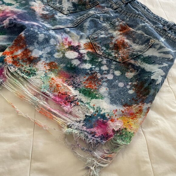 Custom Bleach Splash Denim Shorts Free Speech High-Waisted Boho Festival Style - Picture 6 of 11